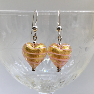 Earrings with pink spiral and gold Murano glass small heart drops on silver or gold