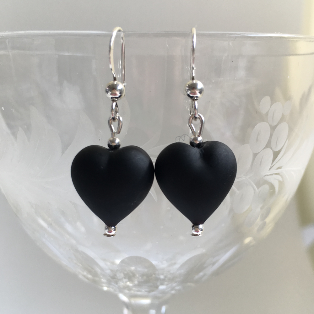 Earrings with matt black Murano glass small heart drops on silver or gold hooks