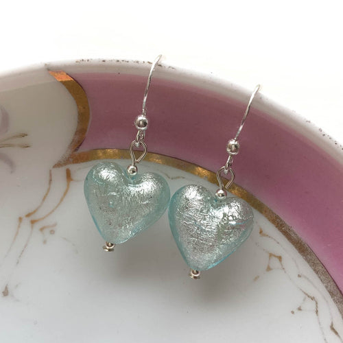 Earrings with aqua (blue) Murano glass small heart drops on silver or gold hooks