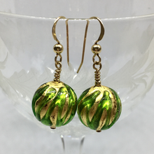 Earrings with green over gold Murano glass small sphere drops on silver or gold hooks