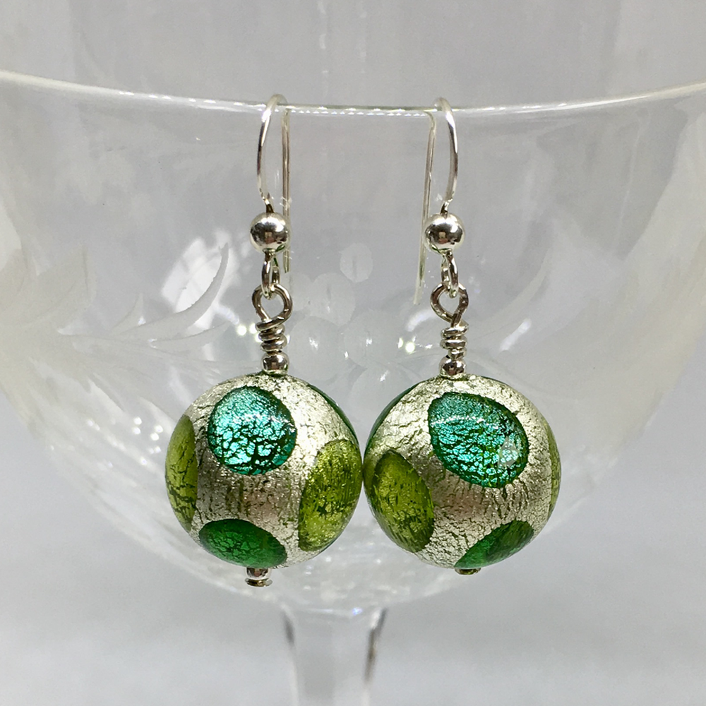 Earrings with shades of green spots over white gold Murano glass small sphere drops