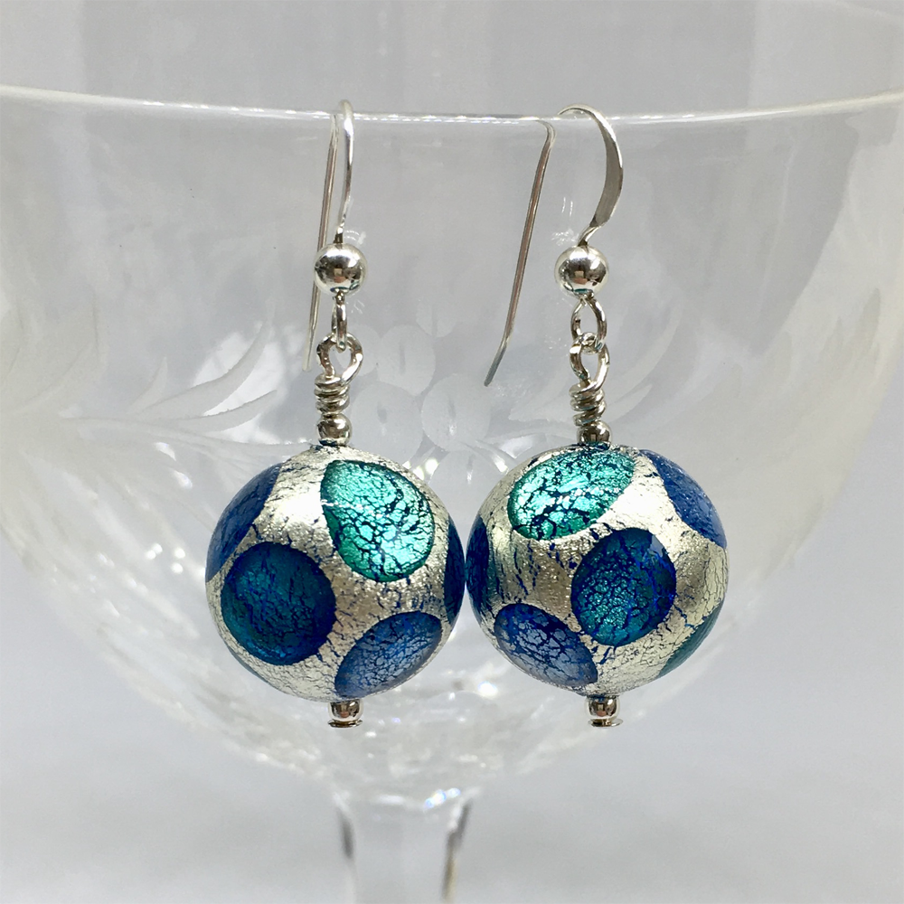 Earrings with shades of blue spots over white gold Murano glass small sphere drops