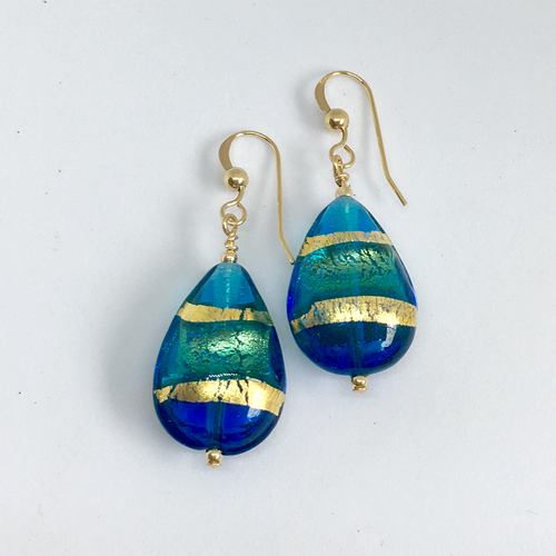 Earrings with shades of blue and gold Murano glass medium pear drops on silver or gold