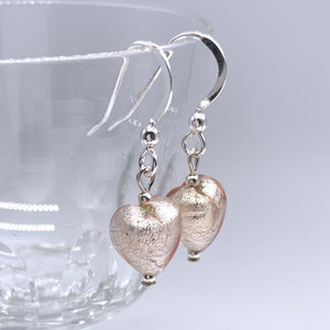 Earrings with champagne (peach, pink) Murano glass mini heart drops on silver or gold