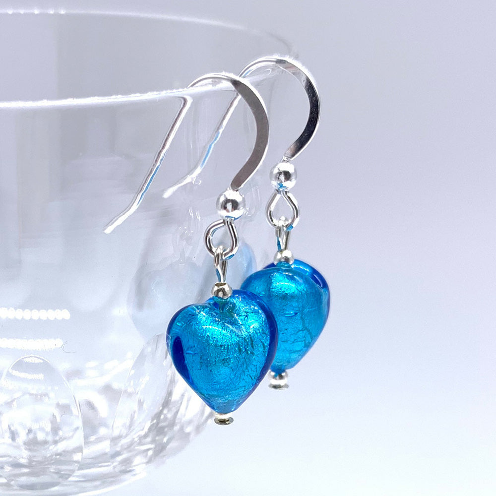 Earrings with turquoise (blue) Murano glass mini heart drops on silver or gold hooks