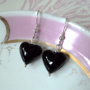 Earrings with black pastel Murano glass small heart drops on silver or gold hooks