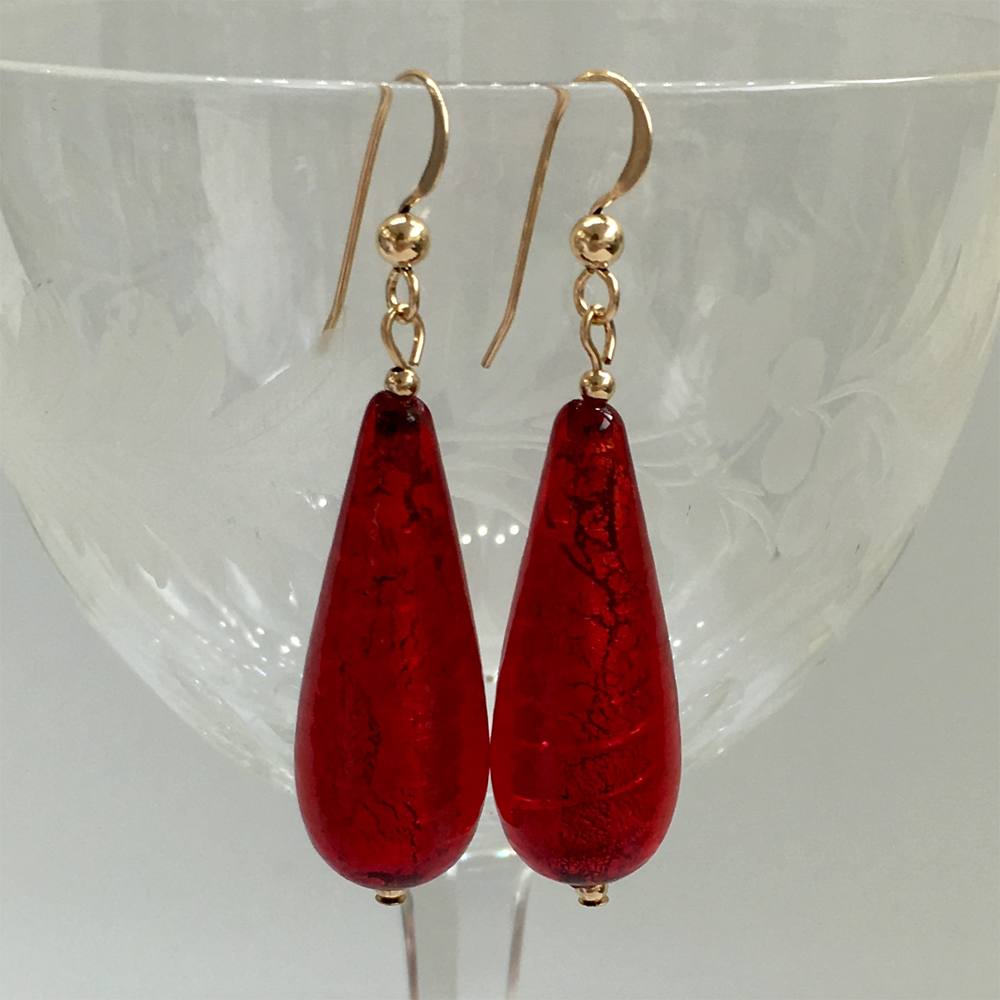 Earrings with red Murano glass long pear drops on silver or gold hooks