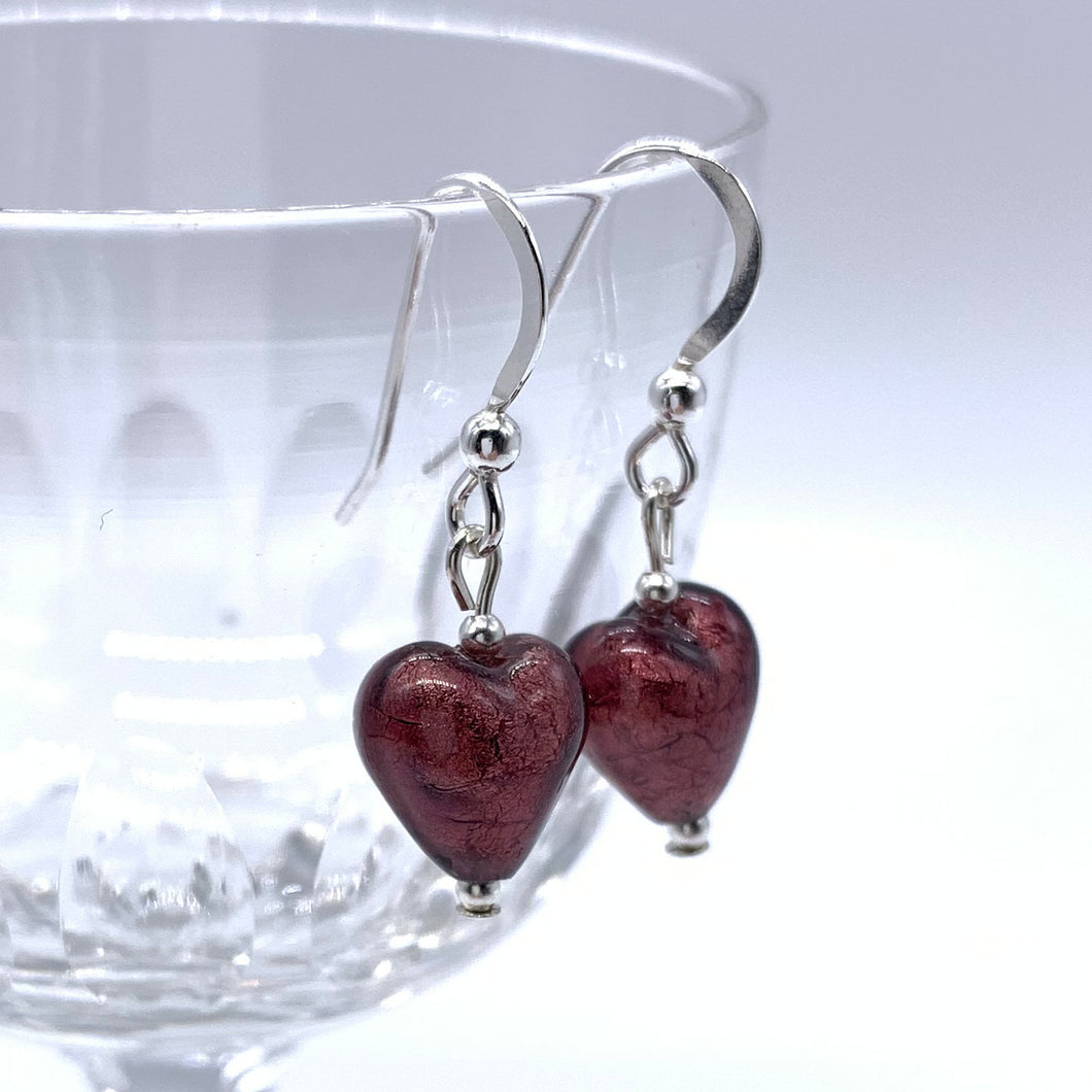 Earrings with dark amethyst (purple) Murano glass mini heart drops on silver or gold hooks
