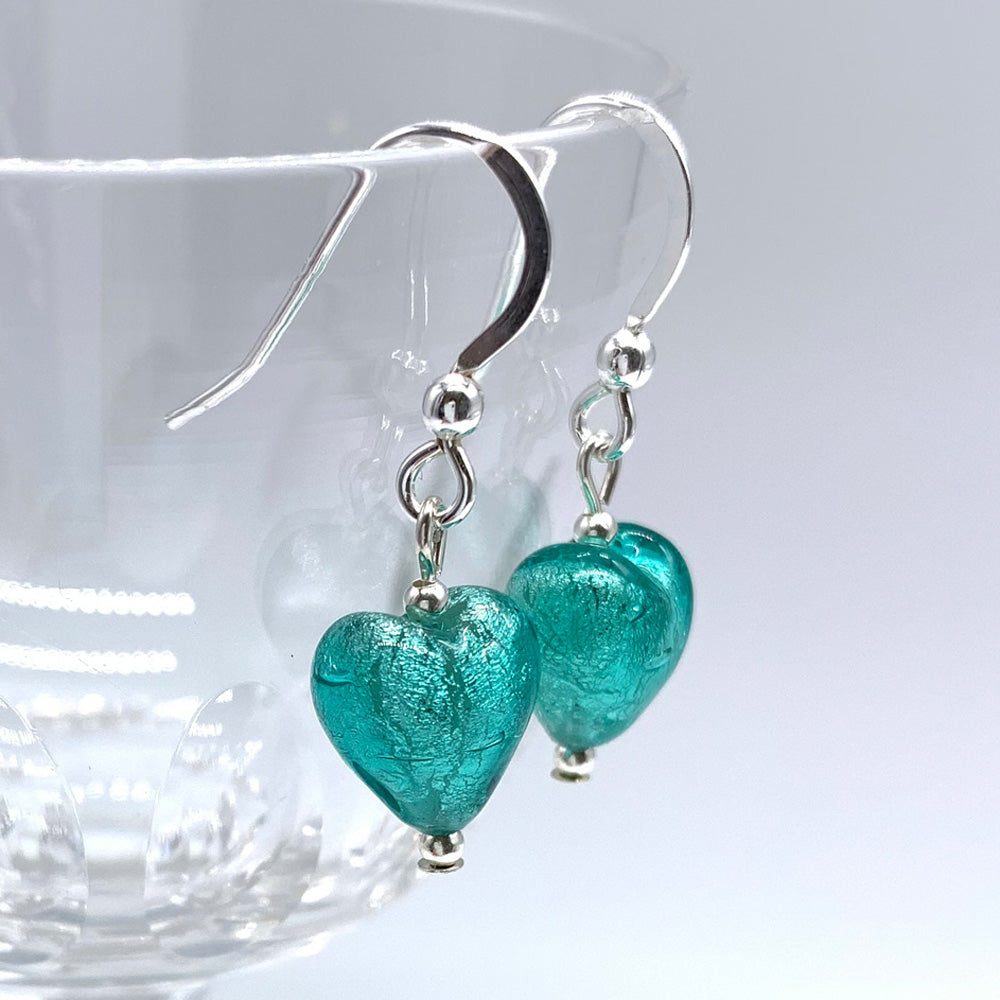 Earrings with teal (green, jade) Murano glass mini heart drops on silver or gold hooks