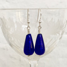 Earrings with dark blue (cobalt) Murano glass short pear drops on silver or gold hooks