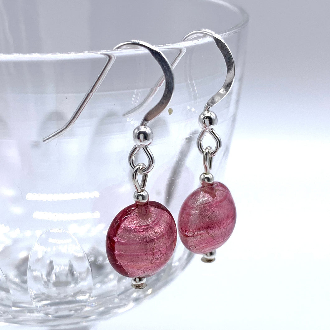 Earrings with rose pink (cerise) Murano glass mini lentil drops on silver or gold hooks