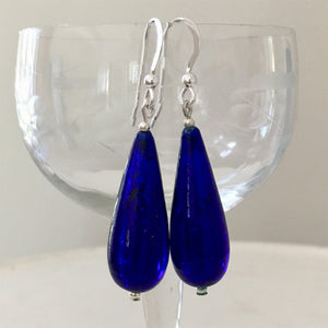 Earrings with dark blue (cobalt) Murano glass long pear drops on silver or gold hooks