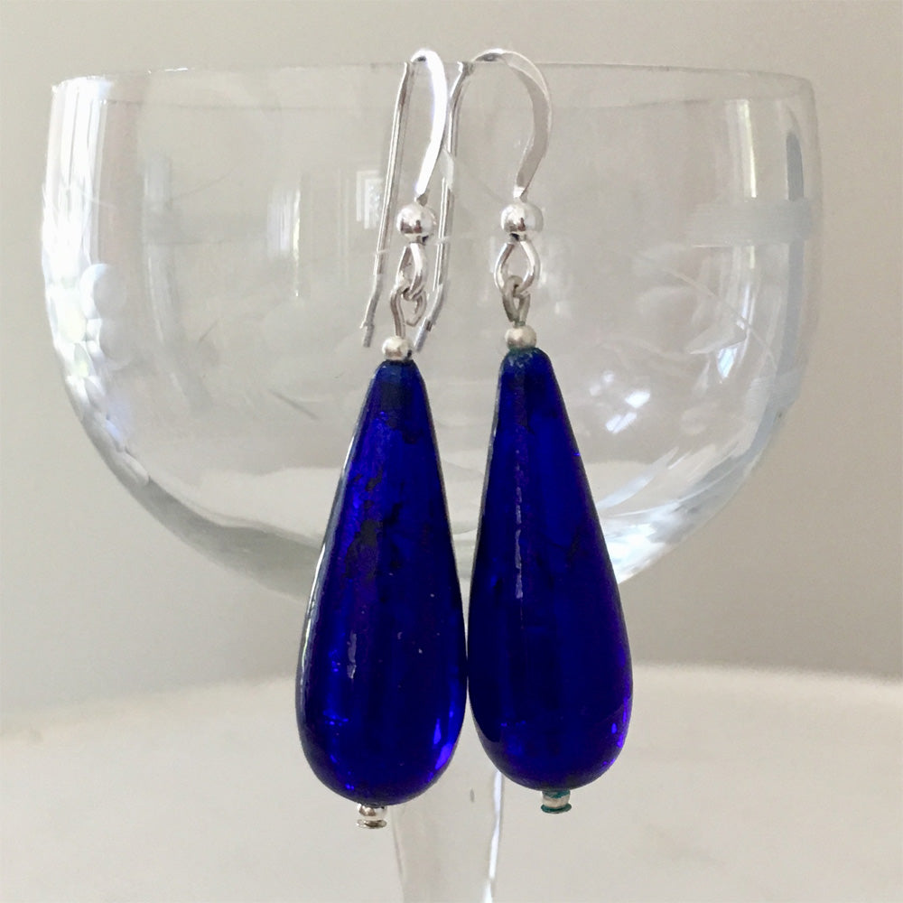 Earrings with dark blue (cobalt) Murano glass long pear drops on silver or gold hooks