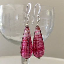 Earrings with rose pink (cerise) Murano glass long pear drops on silver or gold hooks