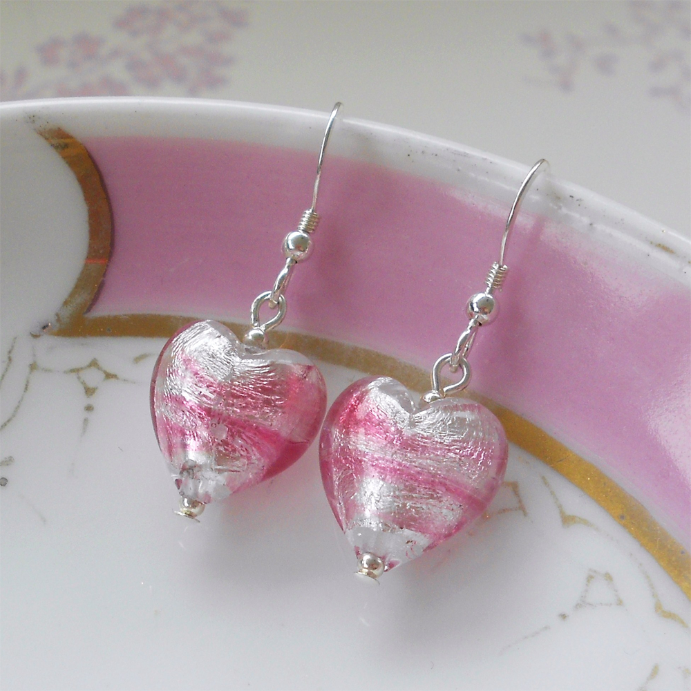 Earrings with candy stripe pink Murano glass small heart drops on silver or gold hooks