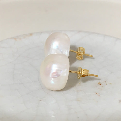 Pearl earrings with large white cultured freshwater baroque 'Kasumi' studs on  gold plated posts