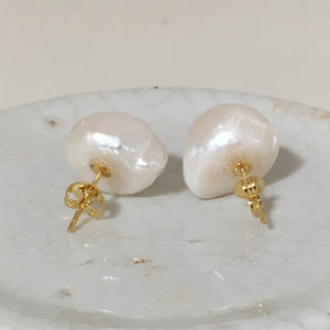Pearl earrings with large freshwater white baroque 'Kasumi' pearl studs on 24ct gold plated posts