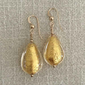 Earrings with light (pale) gold Murano glass medium pear drops on silver or gold hooks