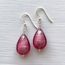 Earrings with rose pink (cerise) Murano glass medium pear drops on silver or gold hooks
