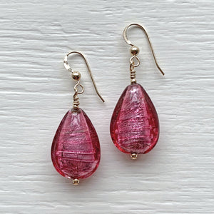 Earrings with rose pink (cerise) Murano glass medium pear drops on silver or gold hooks