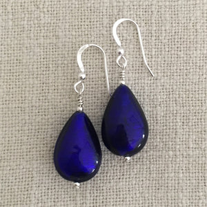 Earrings with dark blue (cobalt) Murano glass medium pear drops on silver or gold hooks