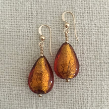 Earrings with brown topaz (amber) Murano glass medium pear drops on silver or gold hooks