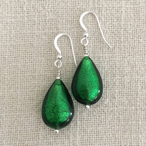 Earrings with dark green (emerald) Murano glass medium pear drops on silver or gold