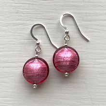 Earrings with rose pink (cerise) Murano glass small lentil drops on silver or gold hooks