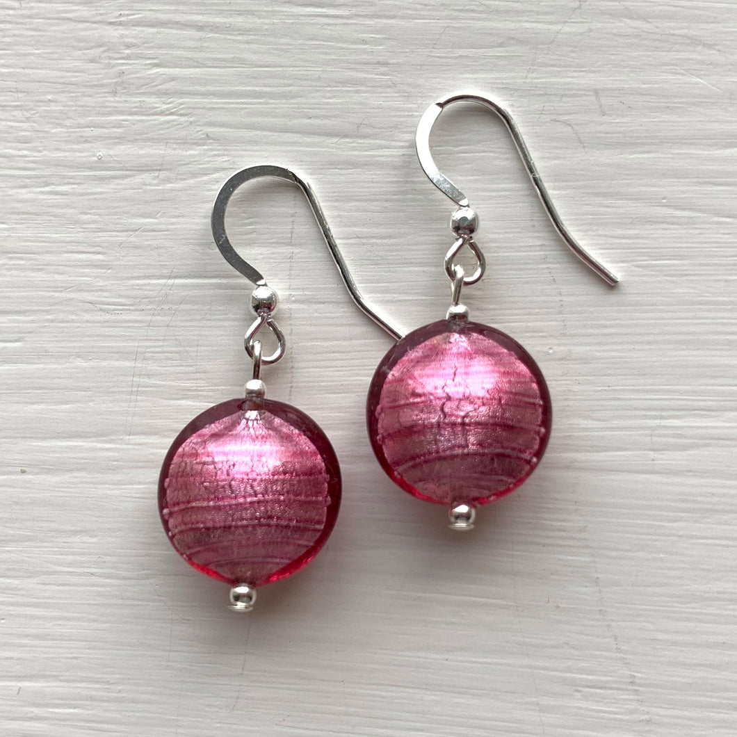 Earrings with rose pink (cerise) Murano glass small lentil drops on silver or gold hooks