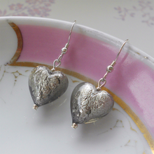Earrings with grey Murano glass small heart drops on silver or gold hooks