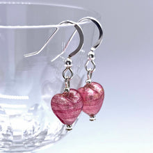 Earrings with rose pink (cerise) Murano glass mini heart drops on silver or gold hooks