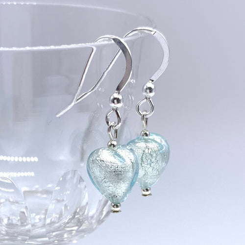 Earrings with aqua (blue) Murano glass mini heart drops on silver or gold hooks