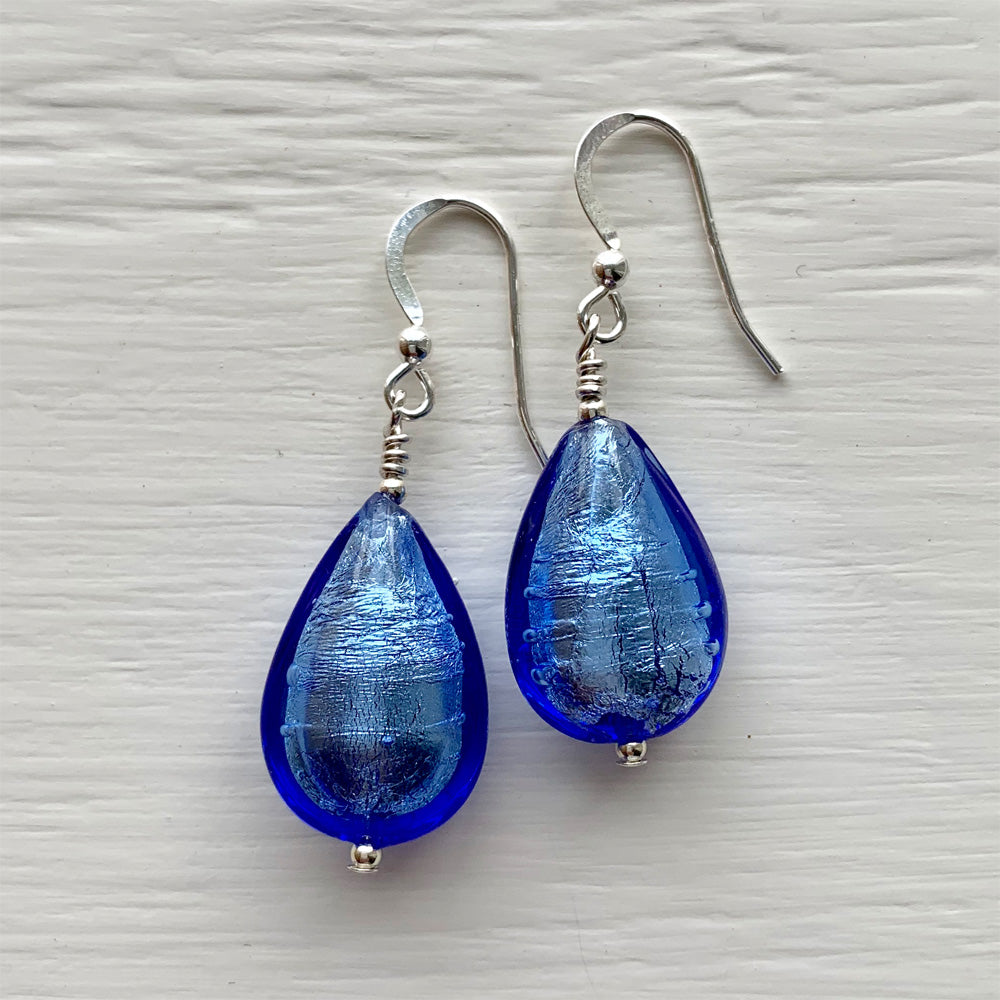Earrings with cornflower blue Murano glass medium pear drops on silver or gold hooks