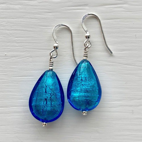 Earrings with turquoise (blue) Murano glass medium pear drops on silver or gold hooks