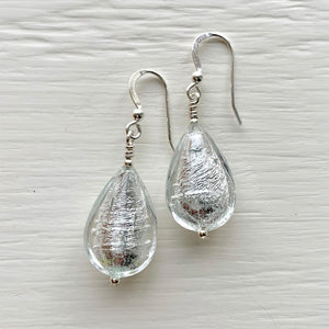 Earrings with clear crystal and silver Murano glass medium pear drops on silver or gold