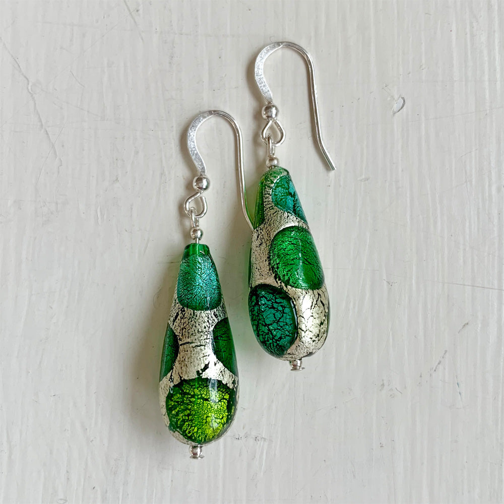 Earrings with shades of green spots over white gold Murano glass long pear drops