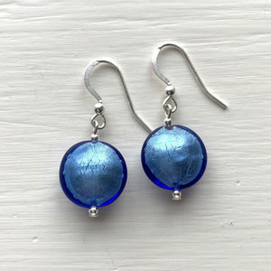 Earrings with cornflower blue Murano glass small lentil drops on silver or gold hooks