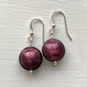 Earrings with dark amethyst (purple) Murano glass small lentil drops on silver or gold hooks