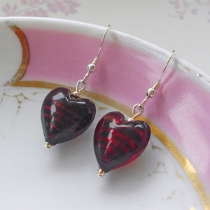 Earrings with dark red (plum) Murano glass small heart drops on silver or gold hooks