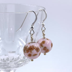 Earrings with pink pastel and aventurine Murano glass mini sphere drops on silver or gold