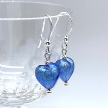 Earrings with cornflower blue Murano glass mini heart drops on silver or gold hooks
