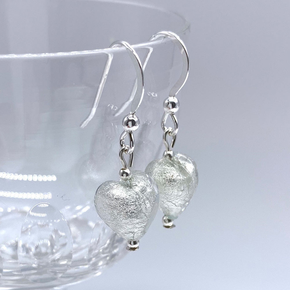 Earrings with clear crystal and white gold Murano glass mini heart drops on silver or gold