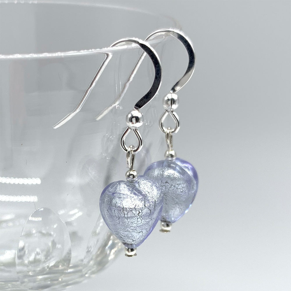 Earrings with lilac (purple) Murano glass mini heart drops on silver or gold hooks