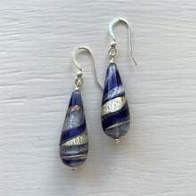 Earrings with purple velvet and violet swirl over white gold Murano glass long pear drops