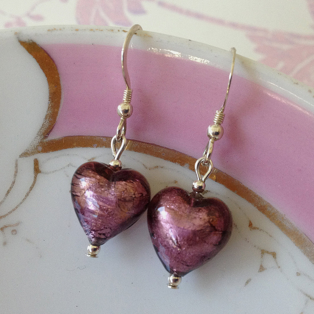 Earrings with dark amethyst (purple) Murano glass small heart drops on silver or gold hooks