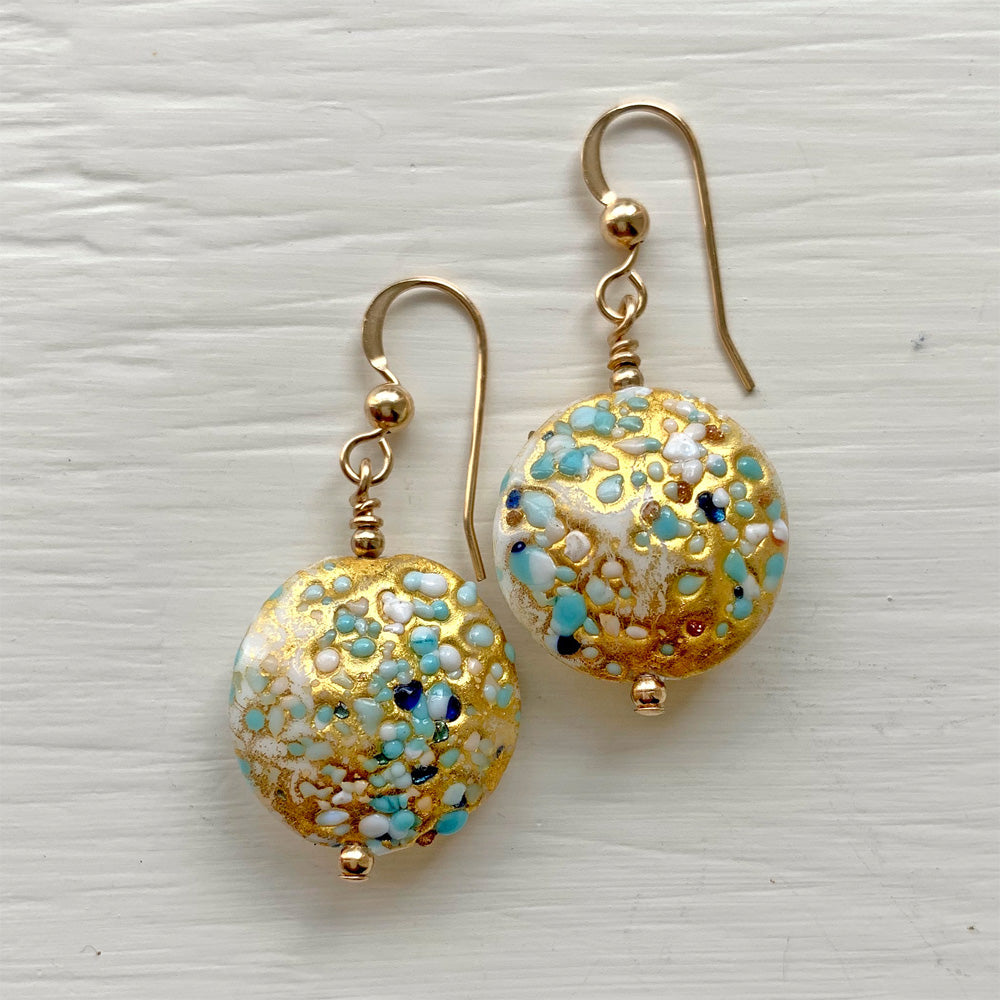 Earrings with speckled blues and white over gold Murano glass medium lentil drops