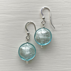 Earrings with aqua (blue) Murano glass small lentil drops on silver or gold hooks