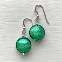 Earrings with dark green (emerald) Murano glass small lentil drops on silver or gold hooks