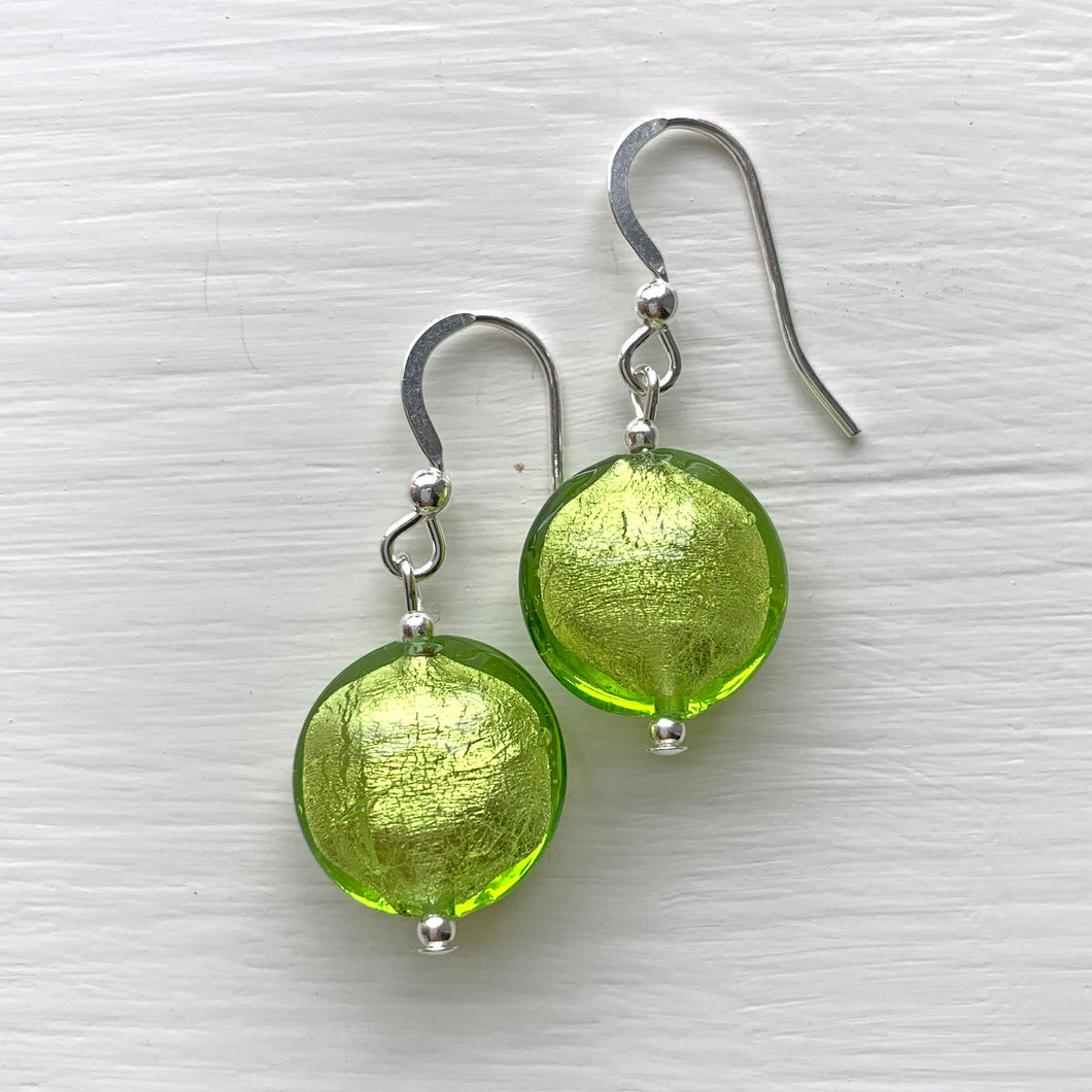 Earrings with light green (lime, peridot) Murano glass lentil drops on silver or gold