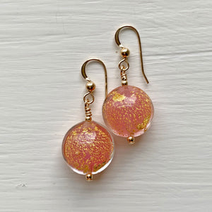 Earrings with rose pink pastel (alabaster) and gold dust Murano glass small lentil drops